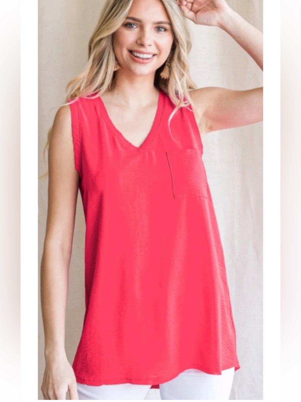 Cotton Bleu Coral Pink V-Neck Sleeveless Pocket Tunic Top Size 1XL
